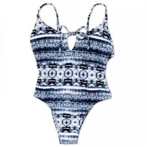 Indigo Rein blue and white Aztec tie dye one piece swimsuit with high leg